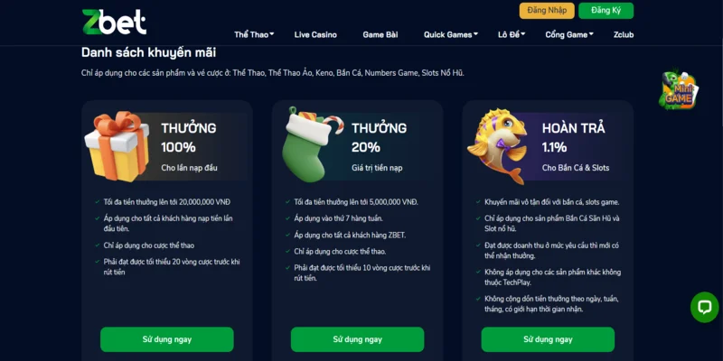 khuyen mai zbet 2 Chương trình ưu đãi hoàn trả 1,1% siêu hấp dẫn cho bắn cá và slotgame